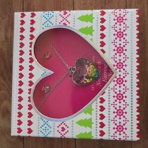 Heart Necklace and Earring Set 18" Adjustable Chain In Gift Box Multicolored